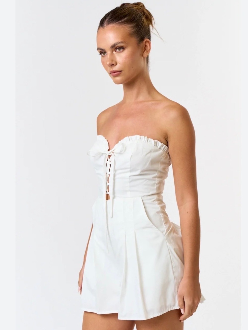 Blue Blush White Strapless Romper with Lace-Up Front, Size M